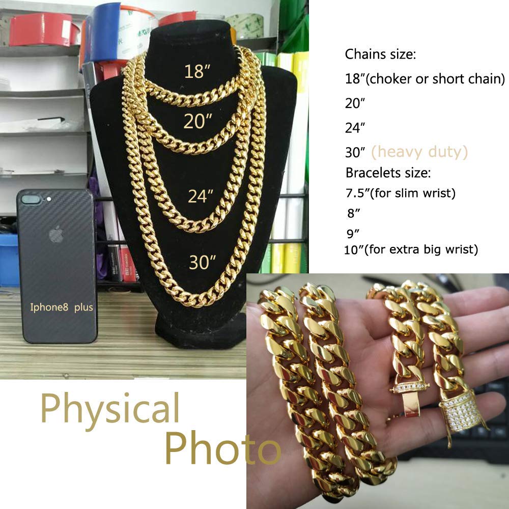 Jxlepe Mens Miami Cuban Link Chain 18K Gold 15mm Stainless Steel Curb Bracelet with cz Diamond Chain Choker (8.5, Bracelet)