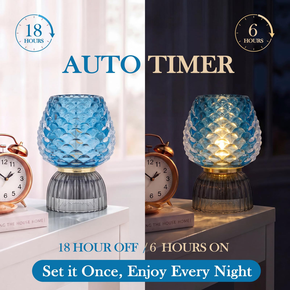 SisiHokai Battery Operated Lamp with Timer, Cute Small Cordless Glass Table Lamp for Home Decor, Kitchen, Bathroom, Birthday Gift for Women, Pinecone, Blue