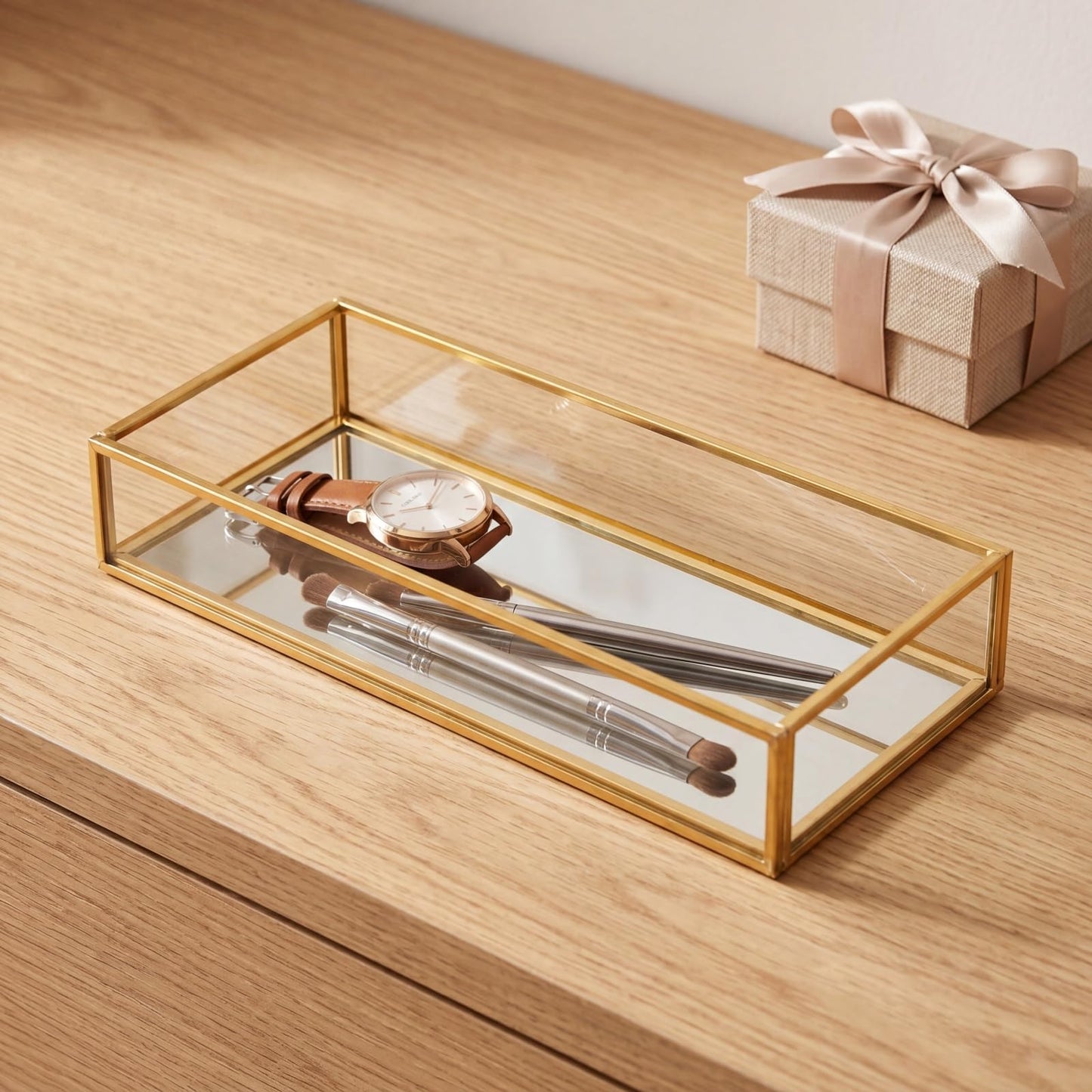 Lyellfe 2 Pack Perfume Trays, Gold Vanity Tray, Decorative Gold Mirror Tray, Non Slip Rectangular Perfume Tray, Jewelry, Bathroom