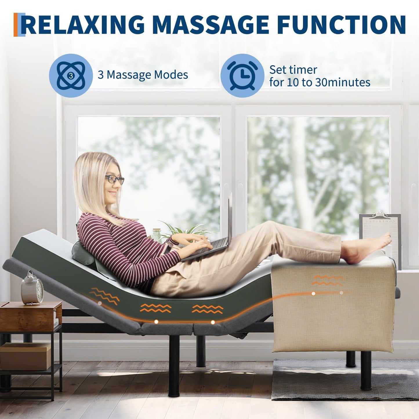 MegaChoice Twin XL Adjustable Bed Frame, Ergonomic Electric Bed Base with Wireless Remote and 2 USB Ports, Head and Foot Incline, Nightlight, Massager, Anti-Snore, Easy Assembly