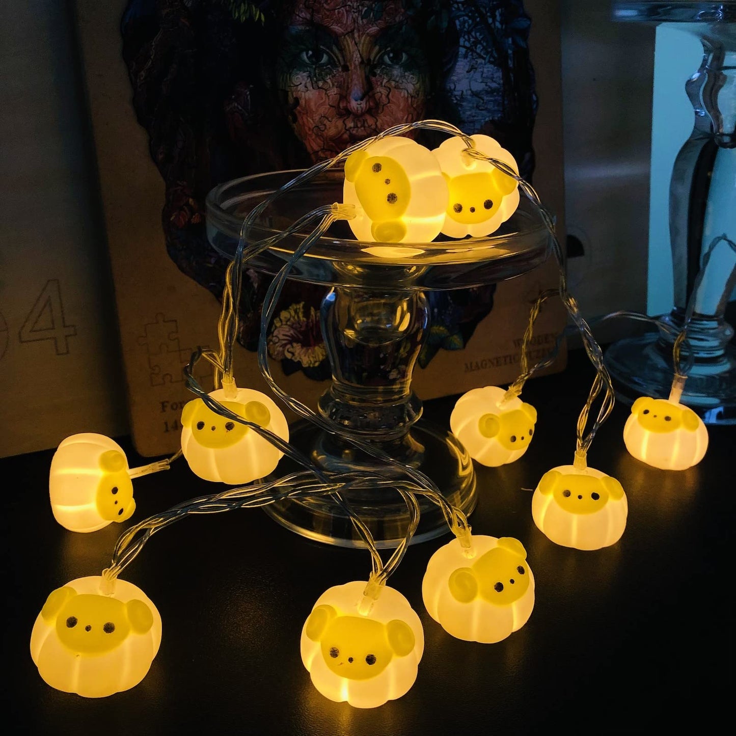 Sezrgiu Cute Painted Sheep Night Light LED Sheep Ornaments String Lights Yellow Sheep Fairy Light Battery Powered Indoor Outdoor Party Decor Night Light (10LED, Dumpling Sheep)