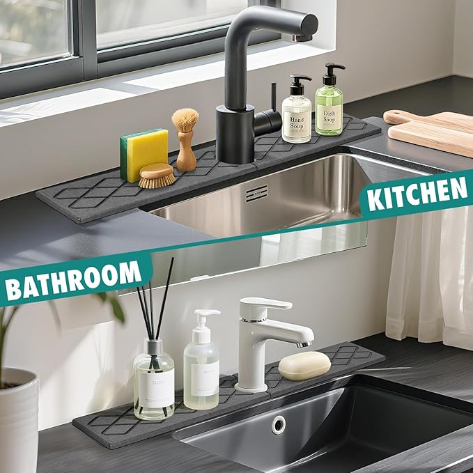 23.6 Inch Stone Faucet Mat for Kitchen Sink, Diatomite Absorbent Fast Drying