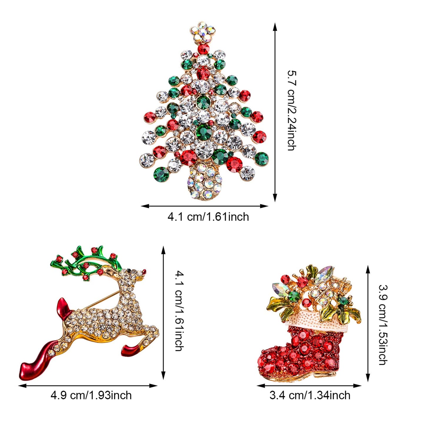 6 Pieces Rhinestone Crystal Christmas Brooch, Fashion Elegant Christmas Brooch Pins for Xmas Holiday Party Celebration, Snowflake, Penguin, Bell Bow Knot, Reindeer, Boots and Christmas Tree