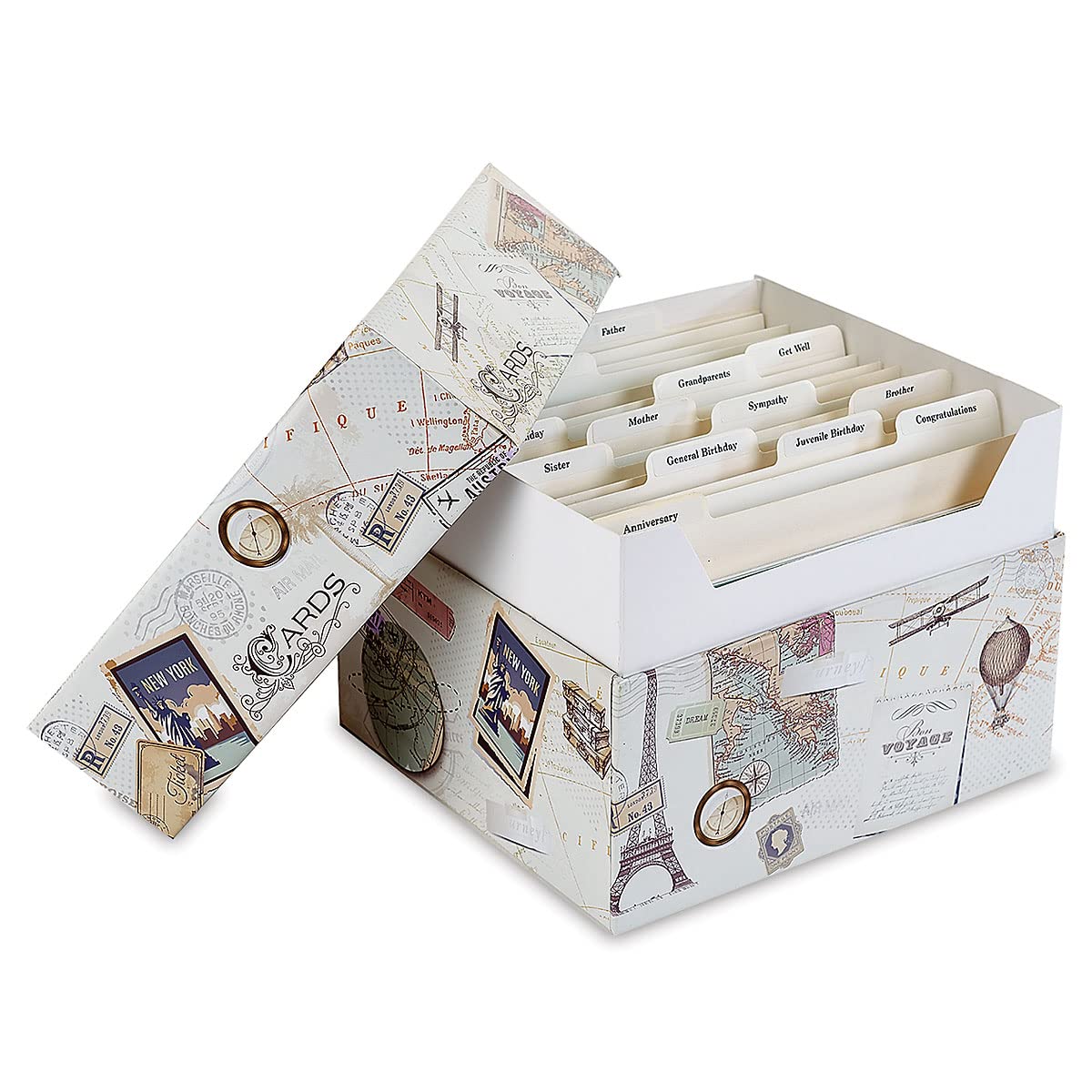 Current World Travel Greeting Card Organizer Box with Dividers - Storage for 140+ Cards by Occasion and Recipient, Christmas, Birthday, Sympathy Cards, Photos, Large 7" x 9" x 9-1/2"