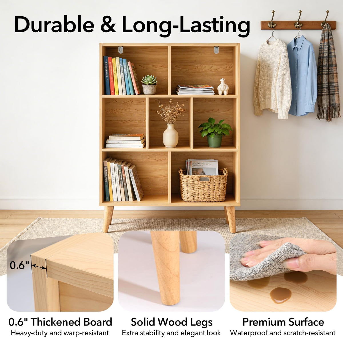 DUMOS Book Shelf, 7 Cube Storage Organizer with Legs, 3-Tier Modern Wooden Bookcase, Open Standing Display Shelf for Living Room, Bedroom, Office, Light Pine