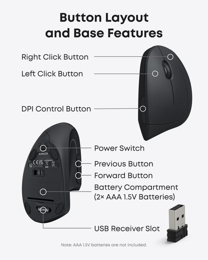 Anker 2.4G Wireless Vertical Ergonomic Optical Mouse, 800/1200 /1600 DPI, 5 Buttons for Laptop, Desktop, PC, Macbook - Black