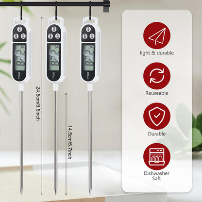6 Pcs Instant Read Meat Thermometer with Long Probe 9.65 Inch Kitchen Cooking Food Candy Waterproof Digital Thermometer for BBQ Water Milk Yogurt Liquid (Round&Square Ring,Black,White,Red)