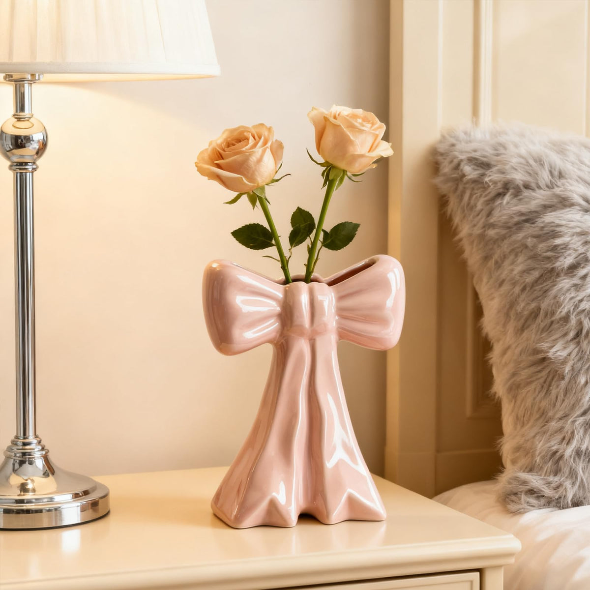 Disoza Bow Vase Pink Vase Ceramic Cute Decorative Flower Tulip Farmhouse Dazzling Modern Home Decor Pampas Grass for Table Bathroom Shelf