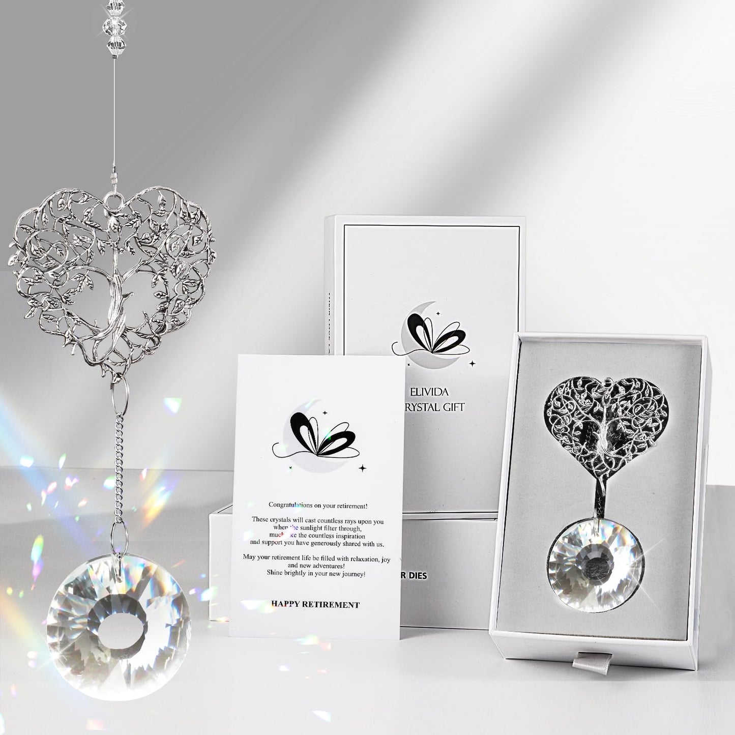 Elivida Retirement Gift for Woman Men, Best Gifts for Retirement 2025, You Shine The Work Rainbow Maker Cool Farewell Gifts, Going Away Gift Crystal Hanging Ornament, Heart Shaped Tree Life Design