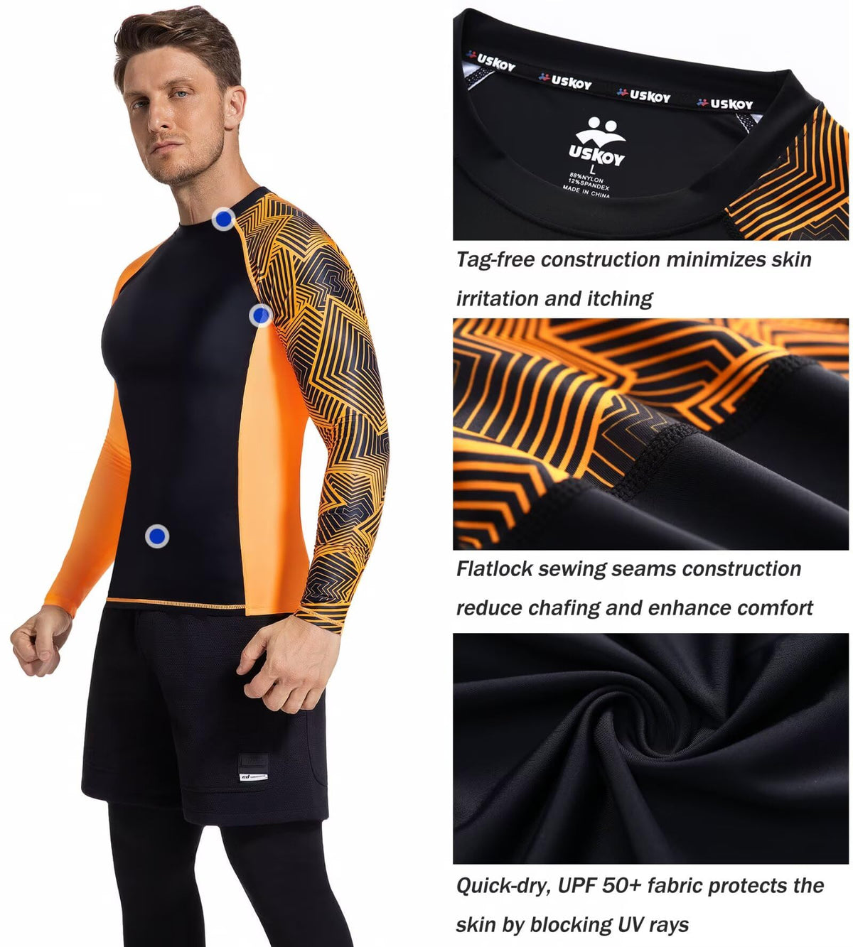 USKOY Men's Rash Guard Long Sleeve UPF 50+ Base Layer Skins Compression Shirt Performance Fit Black Orange X-Large