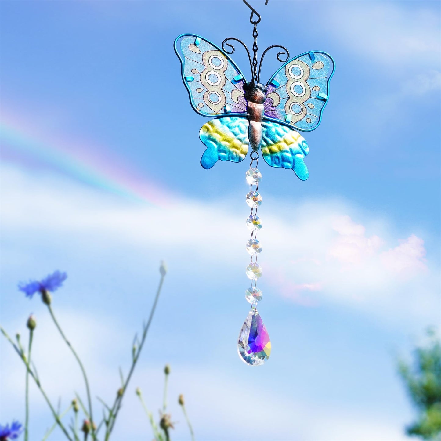 Set 2 Metal Butterfly Suncatchers for Windows - 14" Outdoor Fence Wall Art Decor, Rainbow Prisms Sun Catchers with Crystals Hanging for Home Garden Ornament for Christmas Tree
