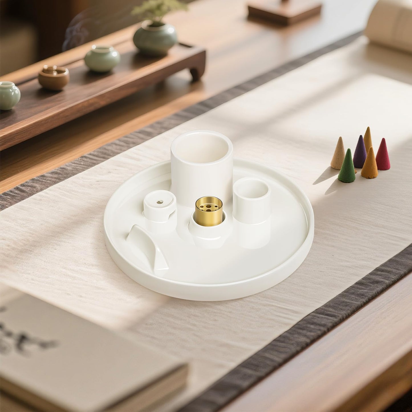 WhiteRhino Ceramic Incense Burner,6 in 1 Multifunction Incense Holder|Sage Holder for Burning|Palo Santo Holder|Candle Holder|Incense Cone Holder|Moon Shape Stand,Ash Catcher Tray for Meditation Yoga