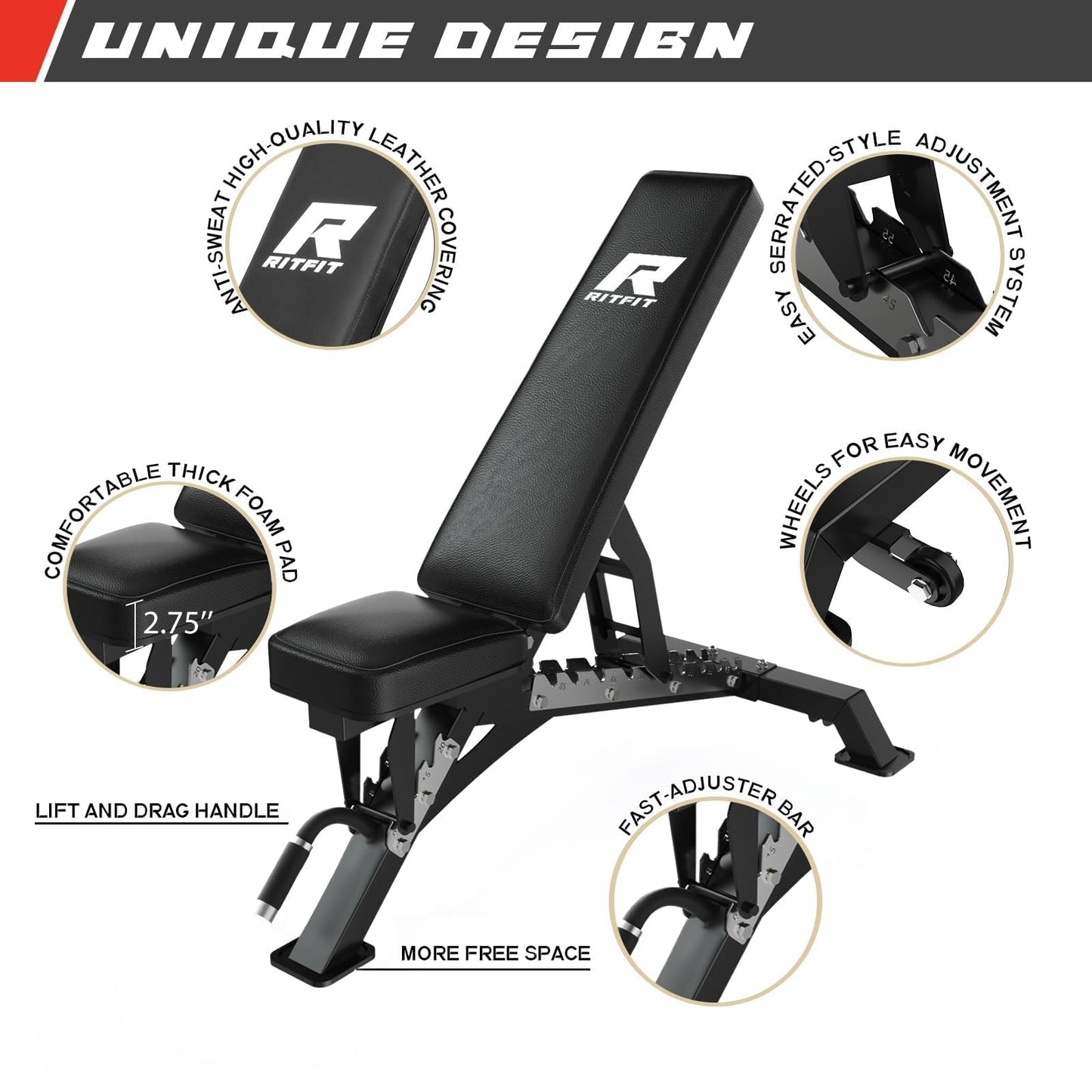 RitFit Squat Rack Power Cage Home Gym Package, Includes 1200LBS Power Rack with Cable Crossover System, Weight Bench, Weight Plate Set with Olympic Barbell (Package 2.0K (Bumper Plate 340LBS))-Black