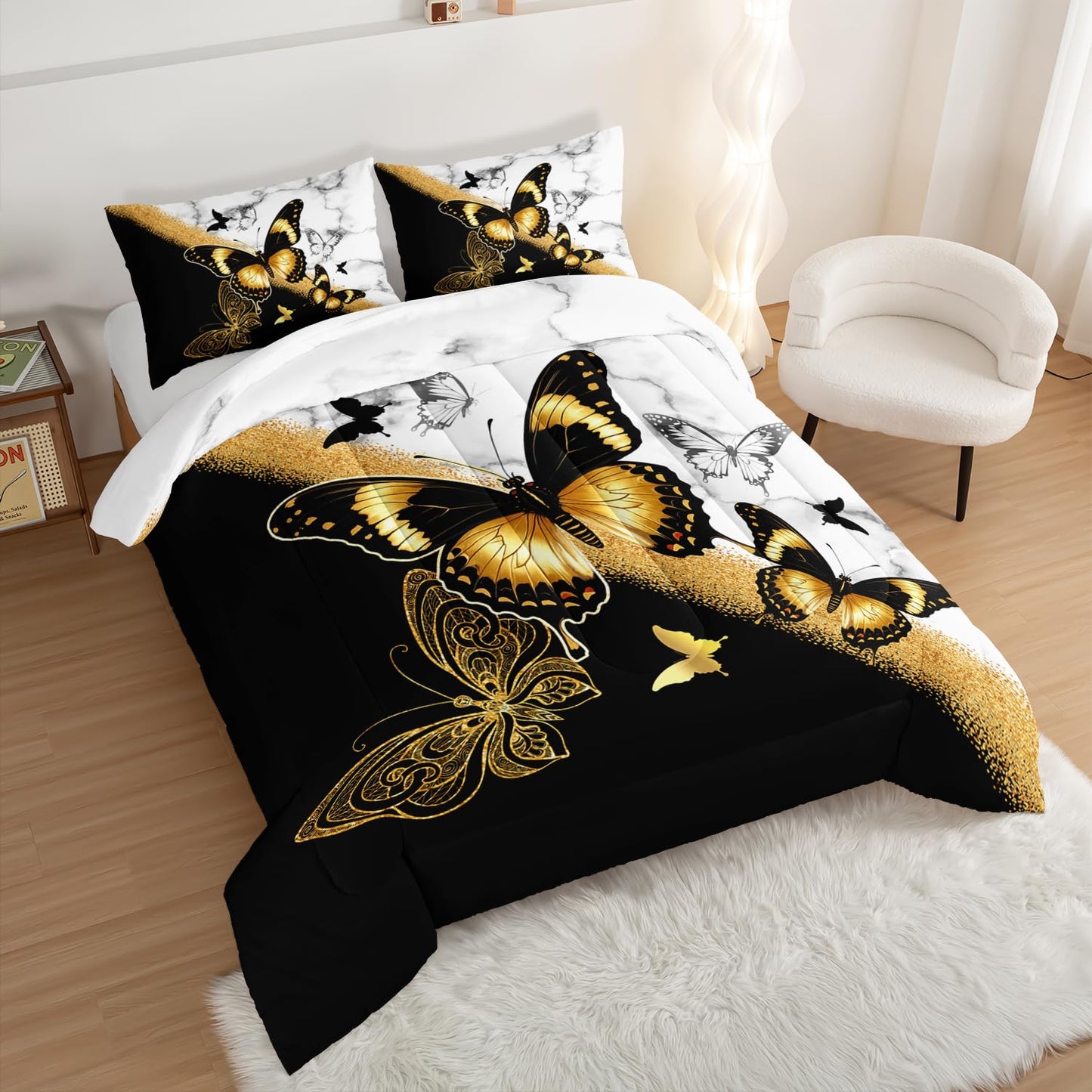 UEVBF Kids Bedding Twin Size Comforter Set,Black and Gold Butterfly Bedding Comforter Sets for Boys Girls Room Decor,Animal Themed Artistic Aesthetic Bedding Sets with 2 Pillowcases.
