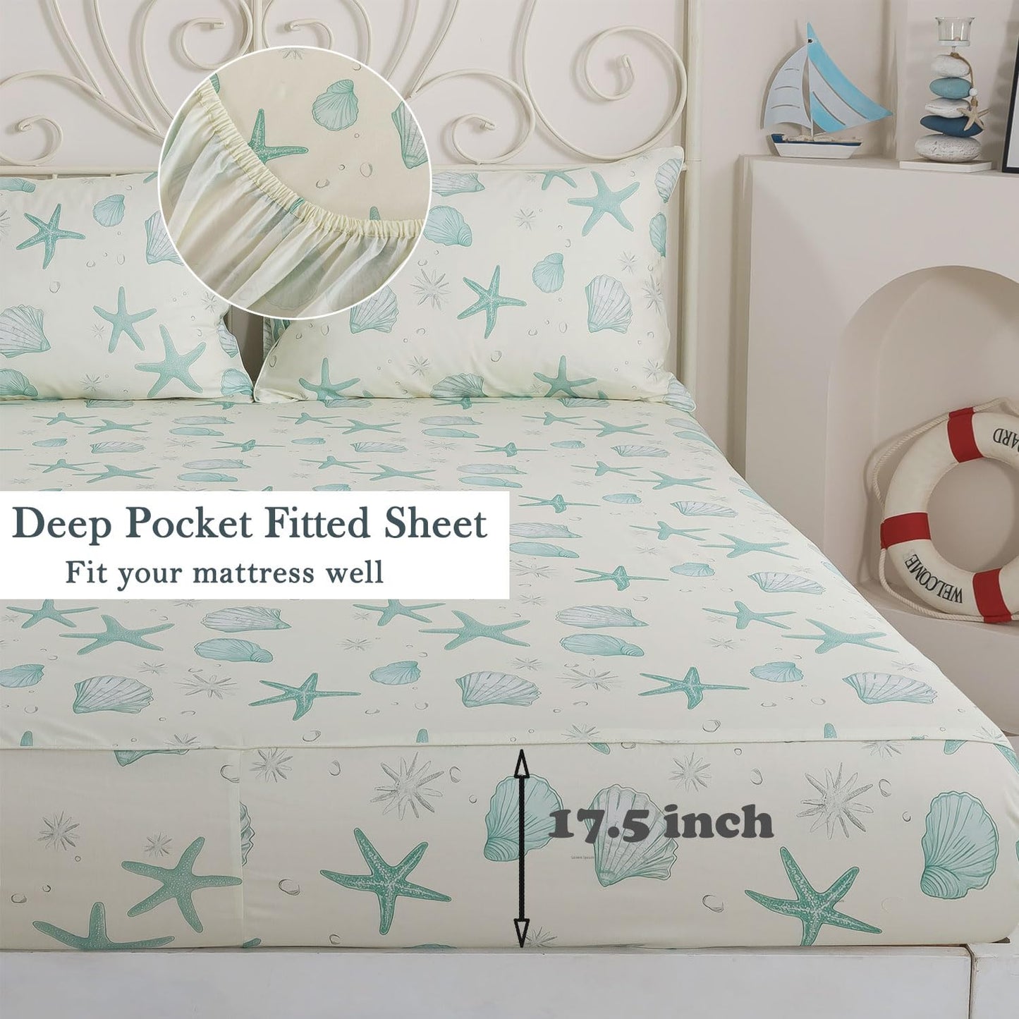 FADFAY 100% Cotton Coastal Sheet Set Queen – Ultra Soft Breathable Beach Bedding, Seafoam Green Starfish & Seashell Print, Ocean Themed Bed Sheets for Coastal Bedroom Decor, Deep Pocket, 4 Piece Set