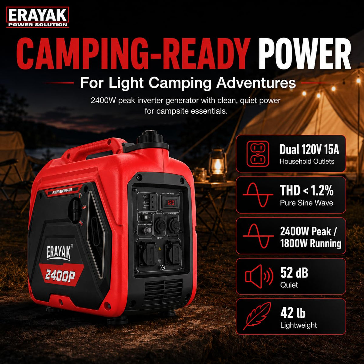 ERAYAK 2400W Portable Inverter Generator for Home Use, Super Quiet Small Generator for Camping Outdoor Emergency Power Backup, Gas Powered Engine, EPA, ECO Mode