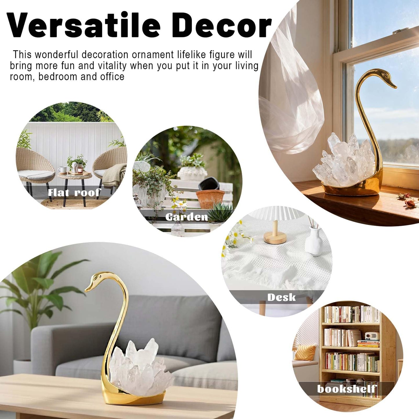 RJINGSHI Crystal Swan Figurine, Natural White, Decorative Ornament for TV Cabinet and Wine Cabinet (Clear Quartz)