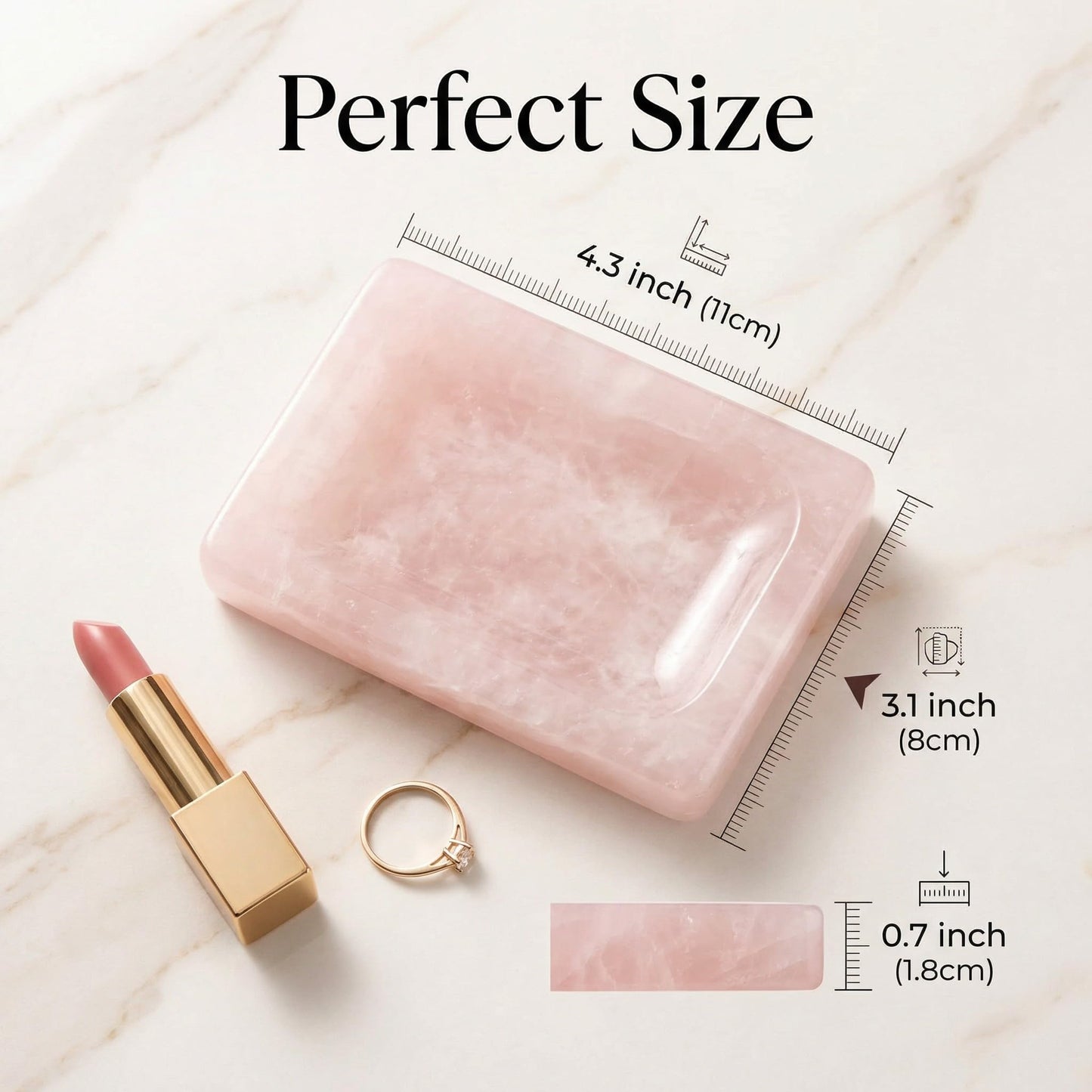 Lierlava Small Rose Quartz Soap Dish & Ring Holder - 4.3" Natural Pink Crystal Jewelry Tray - Mini Stone Decorative Dish for Bathroom Vanity & Nightstand