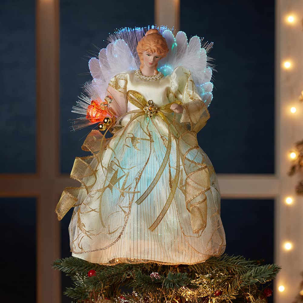Kurt S. Adler CUL Fiber Optic LED Angel Christmas Treetop Figurine, 12-Inch, Ivory and Gold