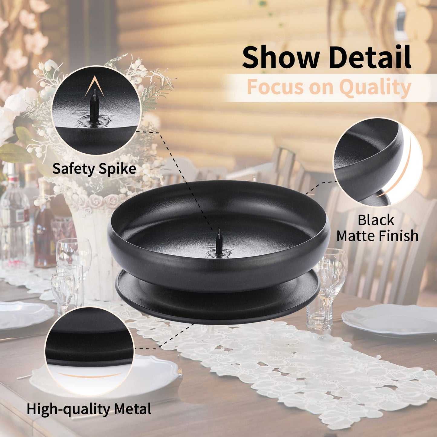 Pcs of 4 Spike Candle Holder Iron Candle Plate Pillar Candle Holder, Black, Decorative Iron Pillar Candle Plate, 3.6" Diameter Pedestal Candle Stand for LED & Wax Candles, Incense Cones, Spa, Weddings