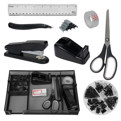 Office Desk Accessories, Desk Organizers and Accessories, Stapler and Tape Dispenser Set Metal Storage Box,Stapler,Staple Remover,Paper Clips,Ruler,Scissors.Suitable for Office and Study Use,Black