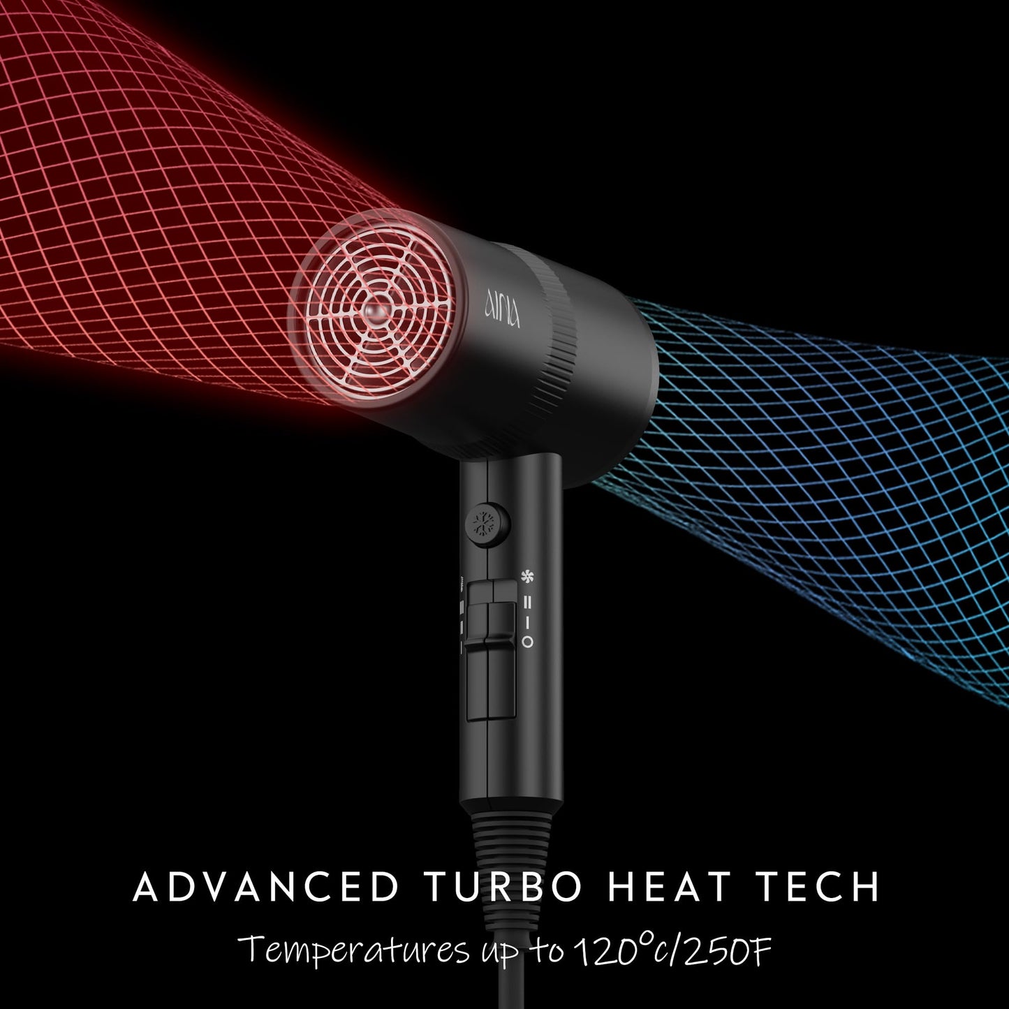 AINA Hair Dryer with Diffuser, Blow Dryer for Women | Advanced Ionic Technology, Ceramic Coating | Cold Shot Features Turbo Heat for Fast Drying and Shine 230v~ (Vader Black)