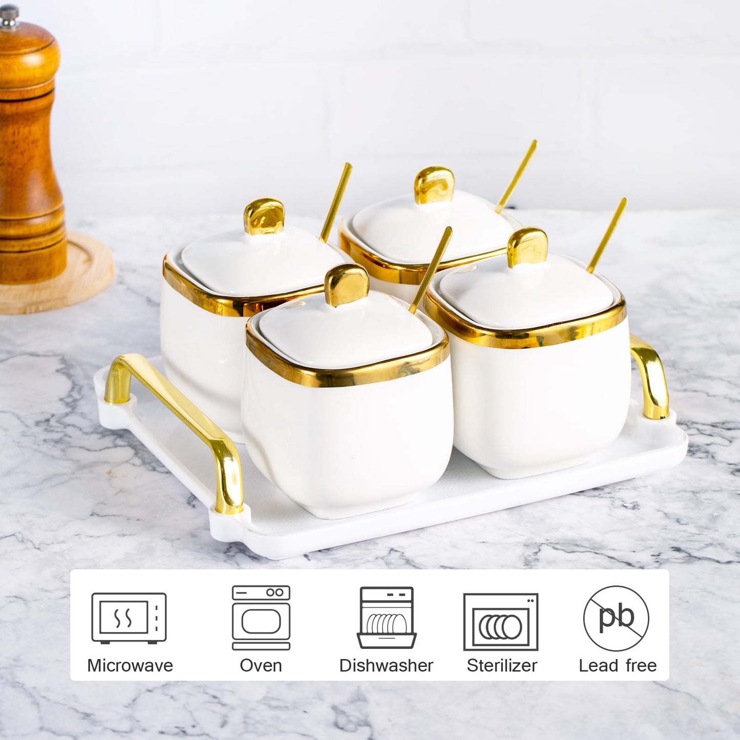 EABOSON 4 Pack Gold Condiment Spice Jars with Lids, Spoons, Tray - Ceramic Seasoning Box Set for Salt, Pepper, Sugar - Kitchen Storage
