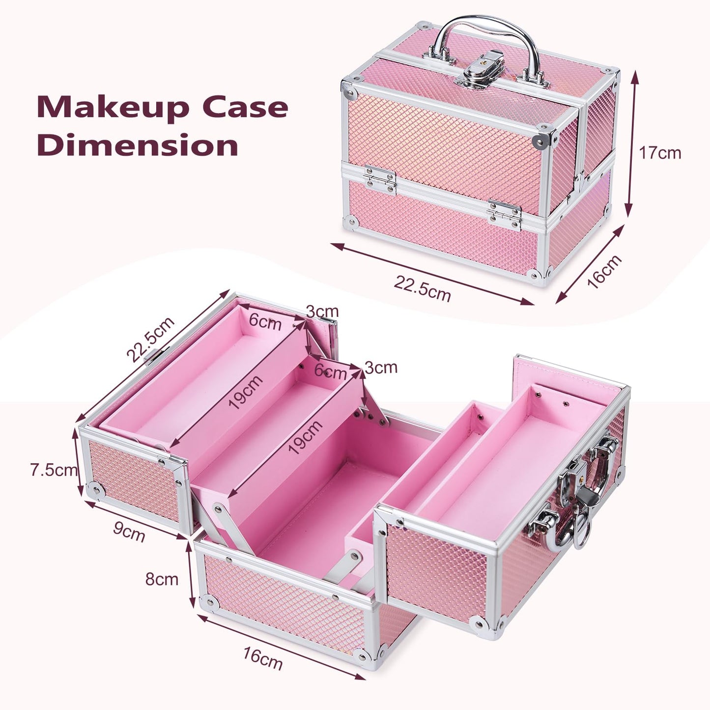 Frenessa Vanity Case Makeup Case Makeup Box Organiser 4 Trays Lockable Beauty Box Make up Organiser Storage, Pink