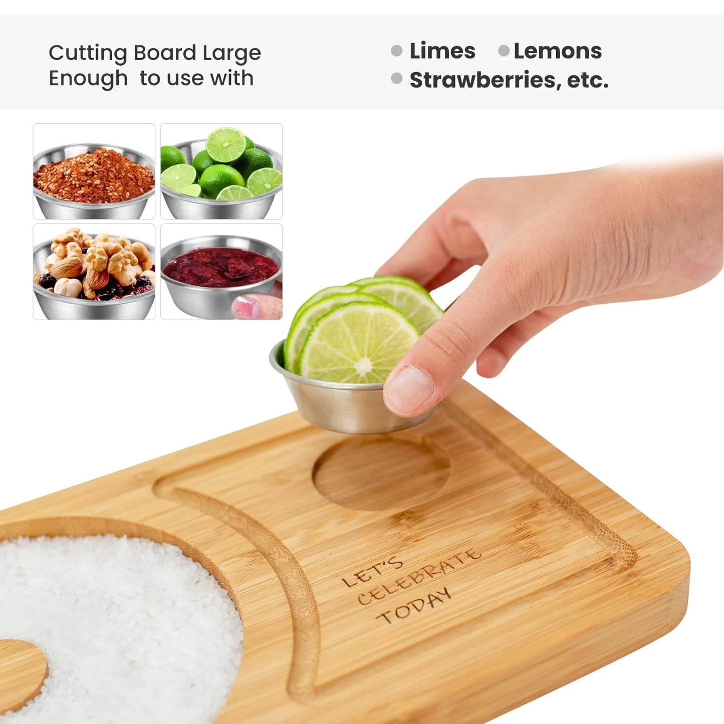 Margarita Salt Rimmer Set for up to 6" Rims - Bamboo 'Let's Celebrate Today' Wood Margarita Rimmer Set w/Bowl & Room for Margarita Accessories- Margarita Sugar Rimmer for Cocktails