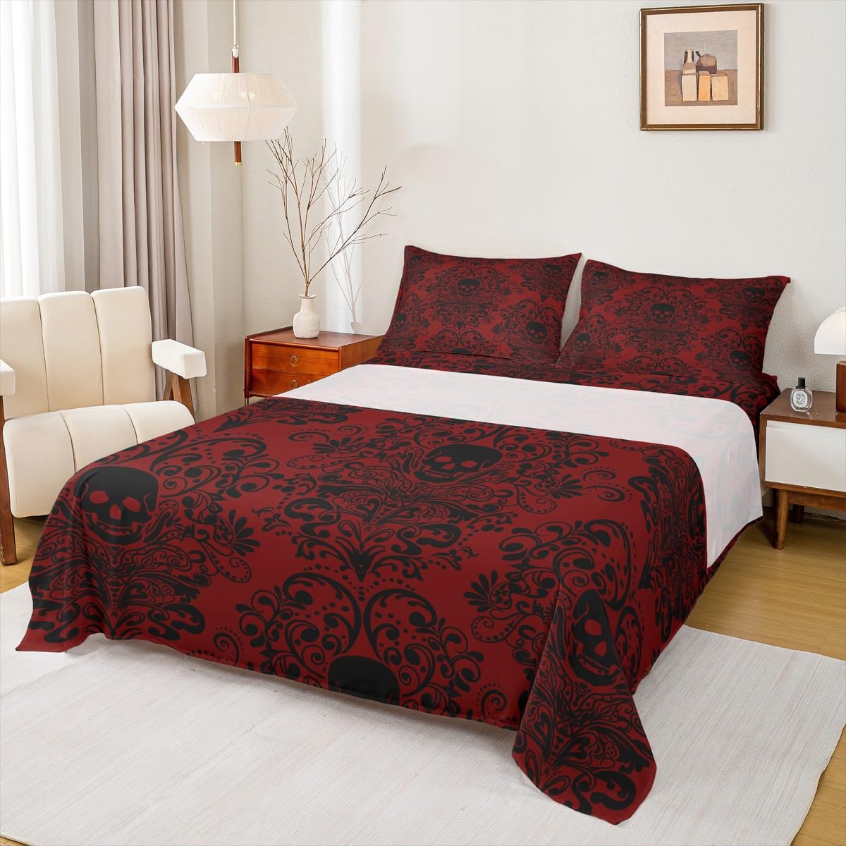 Feelyou Gothic Skull Bed Sheets Set Full Size Damask Print Bed Set Goth Bohemian Deep Pocket Fitted Sheet Black Red Breathable Soft Lightweight Microfiber