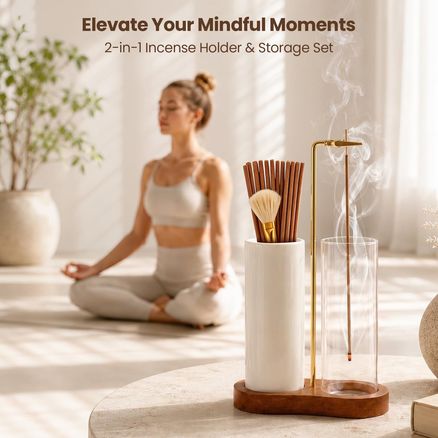2 in 1 Incense Holder with Glass Ash Catcher, Ceramic Storage Jar, 25 Incense Sticks & Ash Brush, Ideal for Meditation, Yoga, Spa & Home Decor