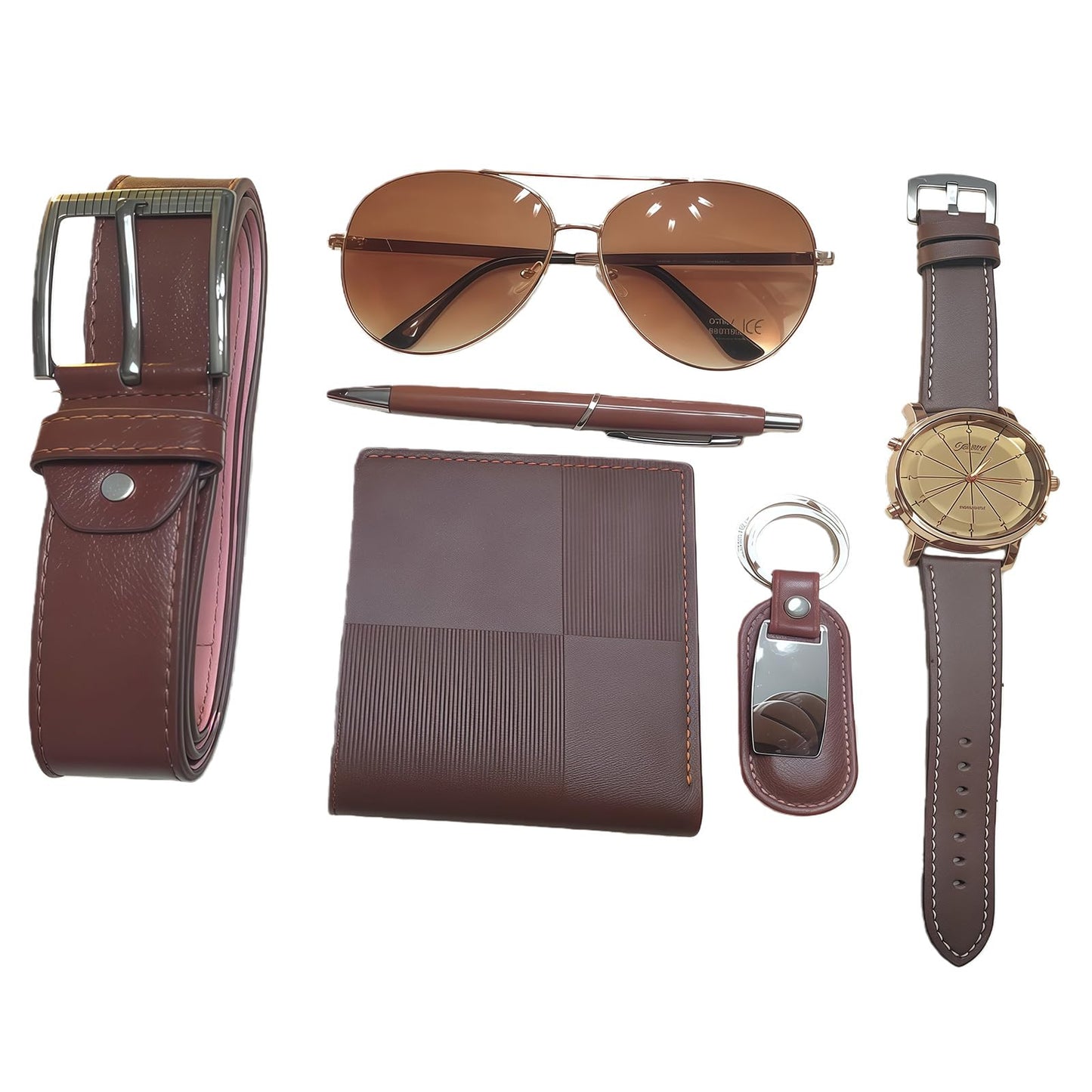 CXLZENGH Premium 6-Piece Men’s Gift Set — Belt, Wallet, Watch, Sunglasses, Keyring and Pen — A luxurious birthday/Christmas gift for dad, husband or boyfriendCoffee Brown