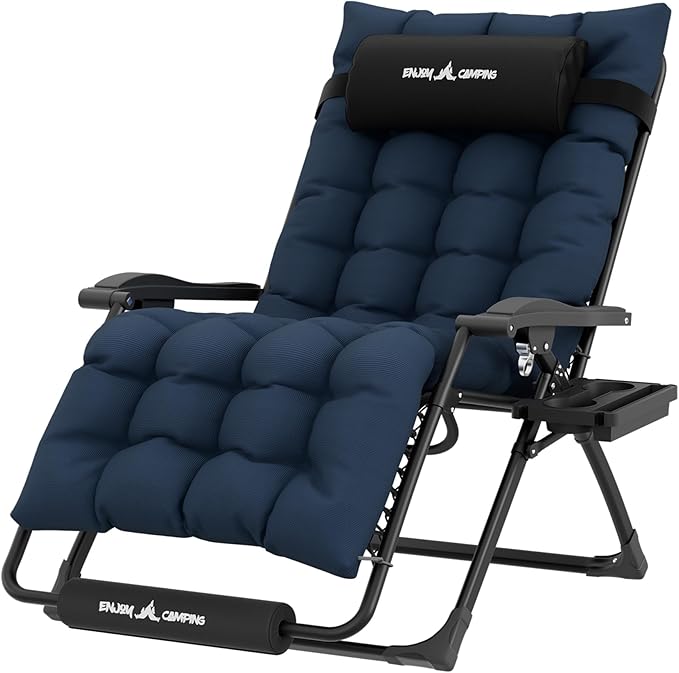 UDPATIO Oversized Zero Gravity Chair 29In XL Patio Reclining Chair with Cushion, Outdoor Folding Adjustable Recliner with Cup Holder, Foot Rest & Padded Headrest, Support 500LB, Navy