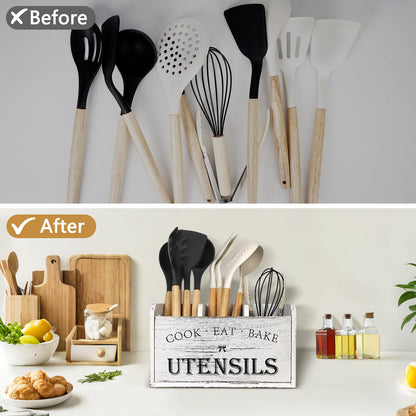 Essovee Farmhouse Kitchen Utensil Holder with 3 Compartments, Wooden Utensil Organizer for Countertop, Utensil Holder Rustic Cooking Utensil for Farmhouse Kitchen Decor