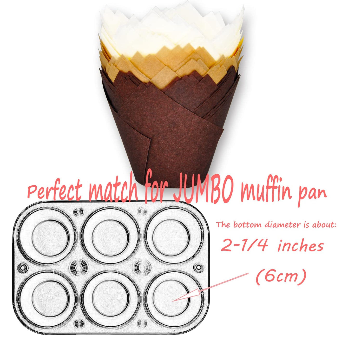 MyBakning (JUMBO EXTRA LARGE size) Natural+Brown+White Tulip Baking Cups 2-1/4"(Base diameter) x 3-3/4"(Wall height) Greaseproof paper baking cupcake Muffin liners, Case of 130 pcs