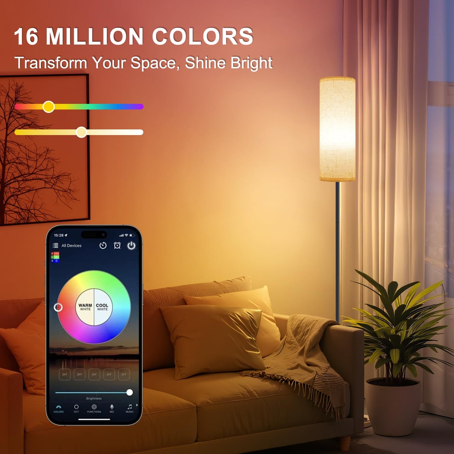 FRIDEKO HOME Floor Lamp, 9W 800LM Color Changing Smart Lamp with Music Sync, App & Remote Control, Adjustable Brightness & Color Temperature Standing Light for Living Room Bedroom Gaming, Beige Shade