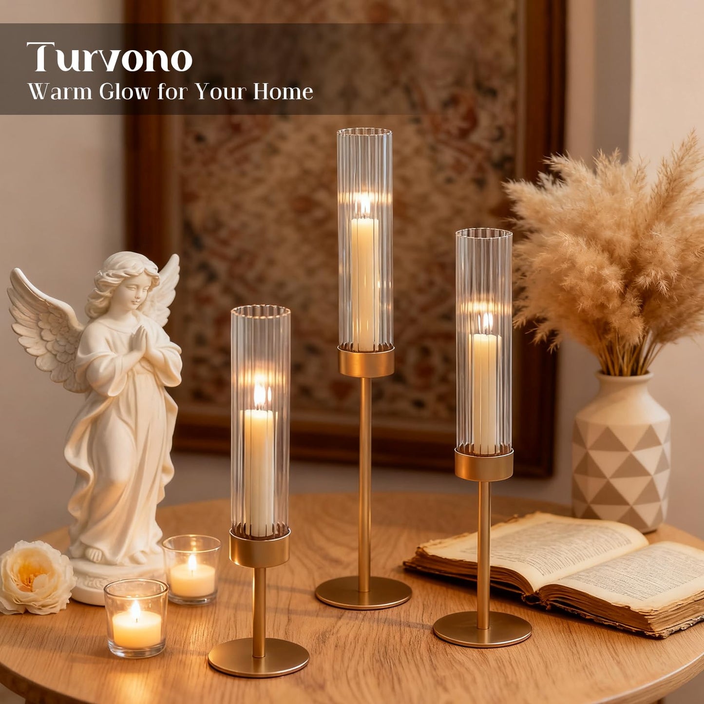 Turvono Gold Hurricane Candle Holders Set of 6, Brass Metal Candlestick Holders for Taper Candles, Modern Table Centerpiece Decor for Wedding, Party & Holiday Decorations