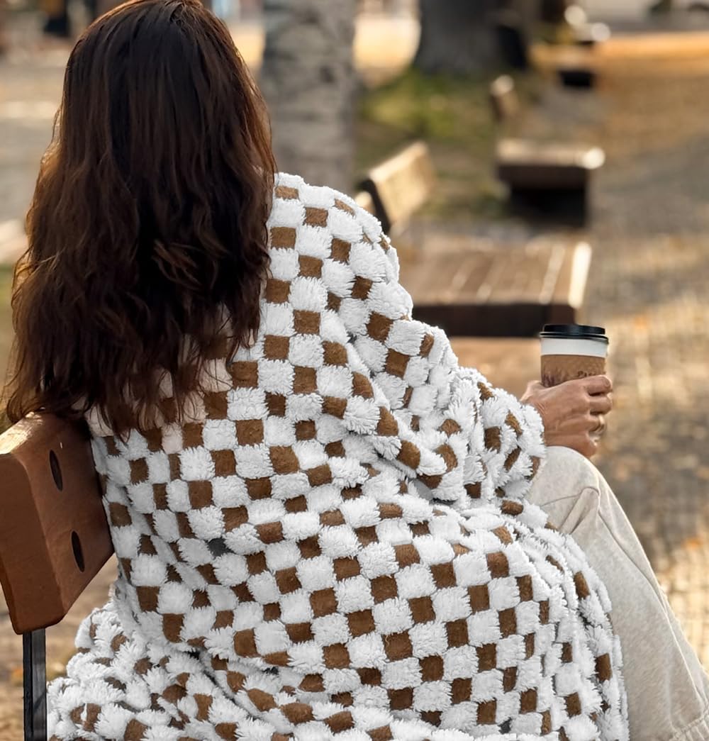 Sage Green & White Fuzzy Fun 3D Checkered Throw Blanket – Ultra Soft Shaggy Fleece for Cozy Comfort. Beautiful Gift for Women with Style 50 x 65 inches.