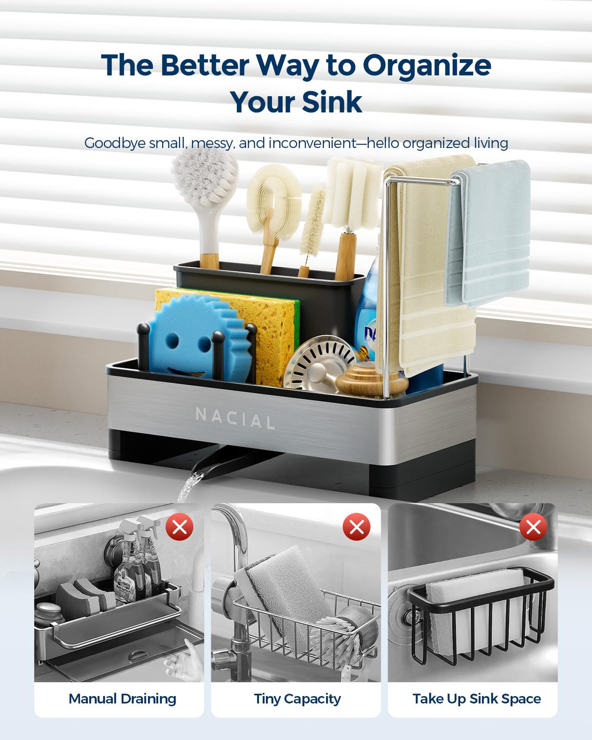 Nacial Kitchen Sink Caddy Organzier with High Brush Holder, Sponge Holder for Kitchen Sink with Two Towel Racks - Rustproof 304 Stainless Steel Kitchen Countertop Storage Essentials