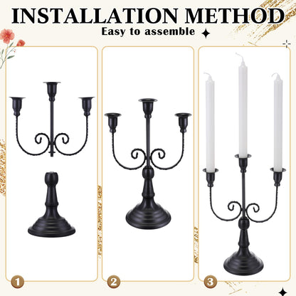 Dandat 3 Pcs 3 Arm Metal Candelabra Candlestick Holders Tall Candlestick Holders Gothic Candle Holder for Home Wedding Church Christmas Party(Retro,11.8 Inch,Black)