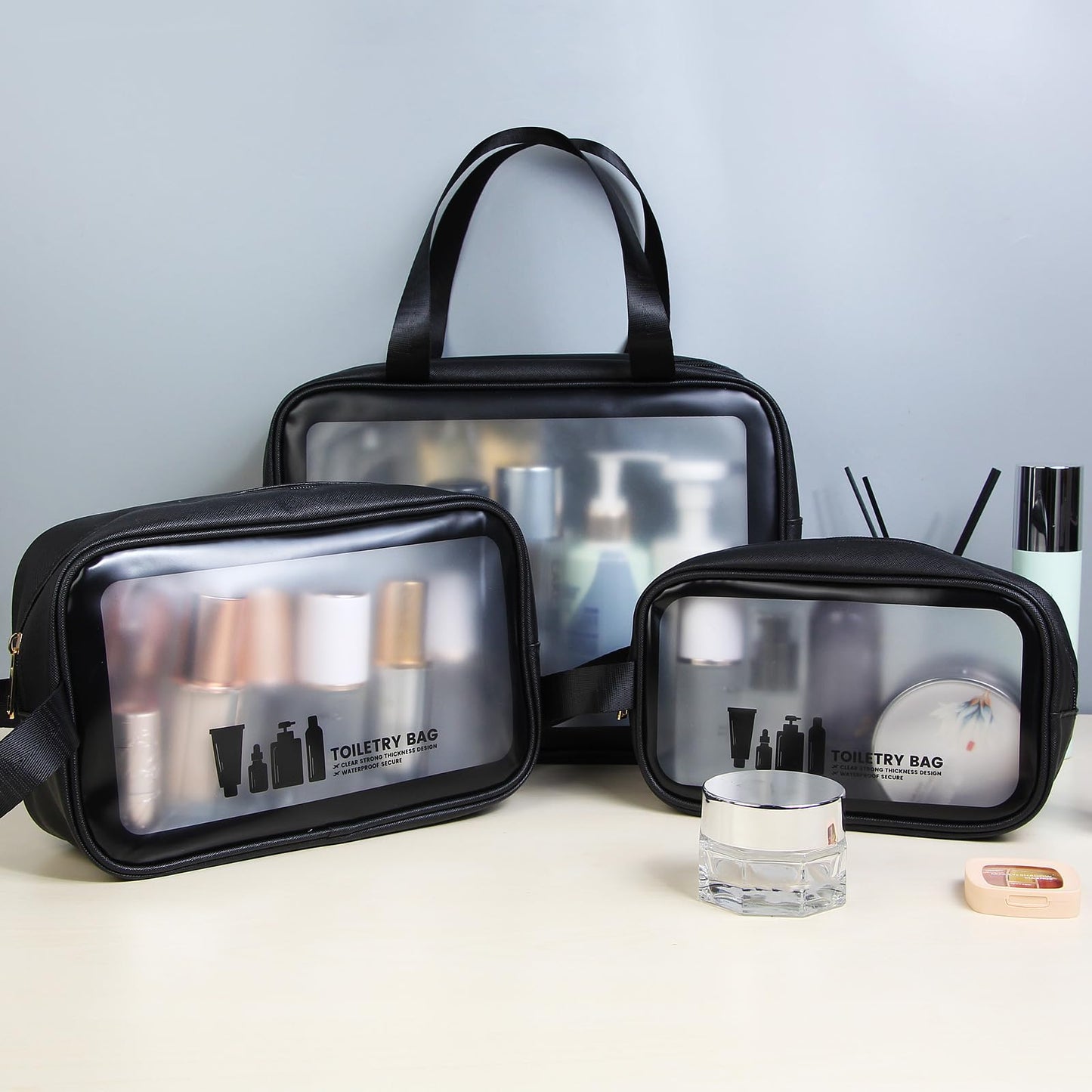 Toiletry Bag MAANGE 3 PCS Clear Travel Toiletries Bag Wash Bag Translucent PVC Waterproof Makeup Bag with Zipper Toiletry Bags for Women Men(Black)