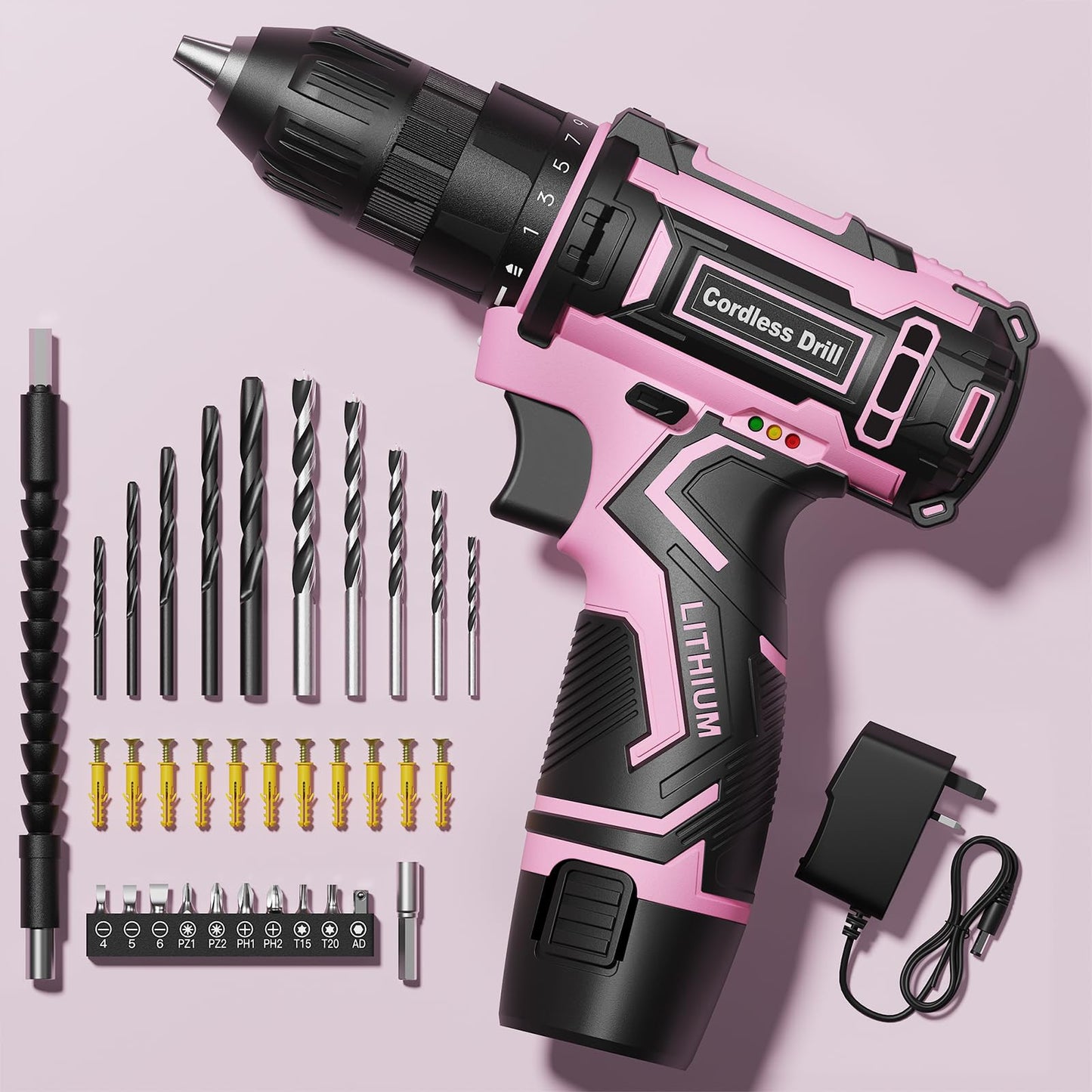 FAHEFANA Cordless Drill Set Pink, 12V Lightweight Electric Screwdriver Driver, Electric Power Drill with Battery & Charger, 3/8" Keyless Chuck, 42 Pcs Accessories, Tool Kit for Home DIY