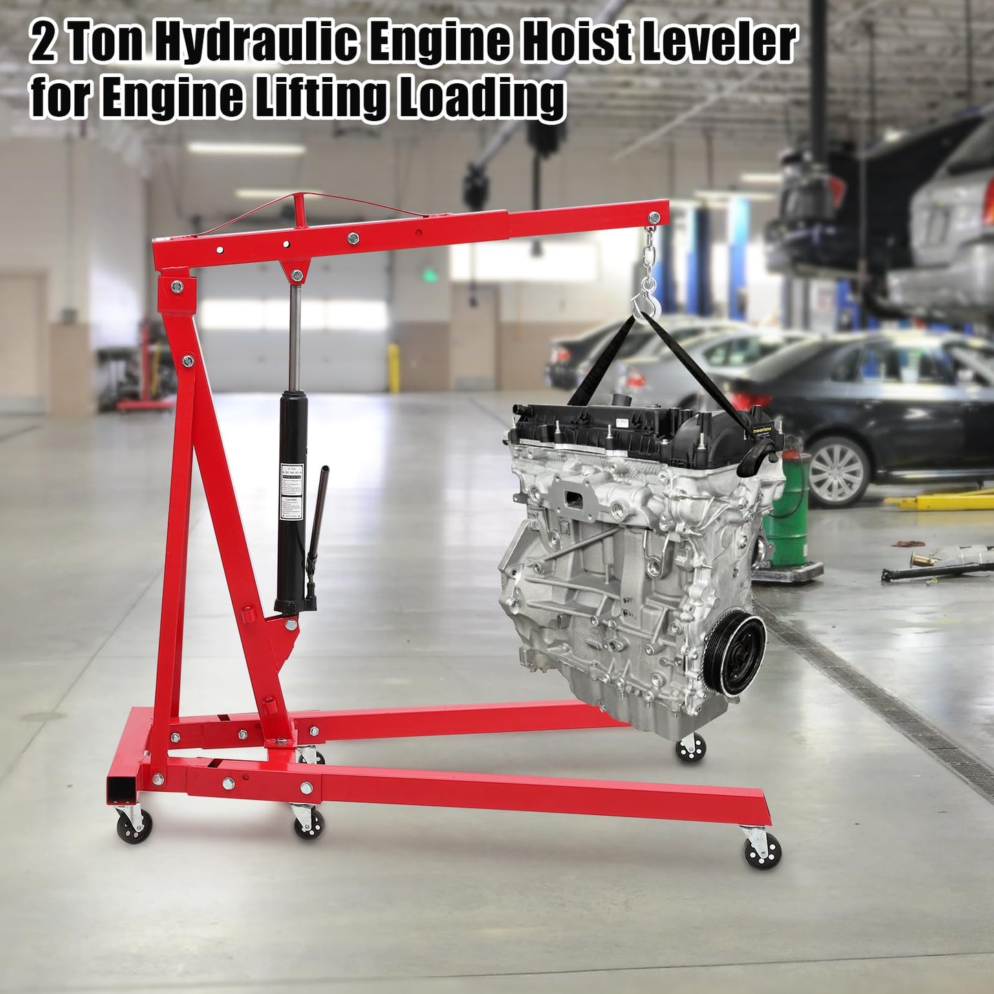 Industrial Engine Hoist, 2-Ton Heavy Duty Engine Hoist Stand Cherry Picker Ship Crane with 6 Caster Wheels & Telescopic Boom Hitch, Folding Hydraulic Tilting Engine Lift 4400lbs for Garage Workshop