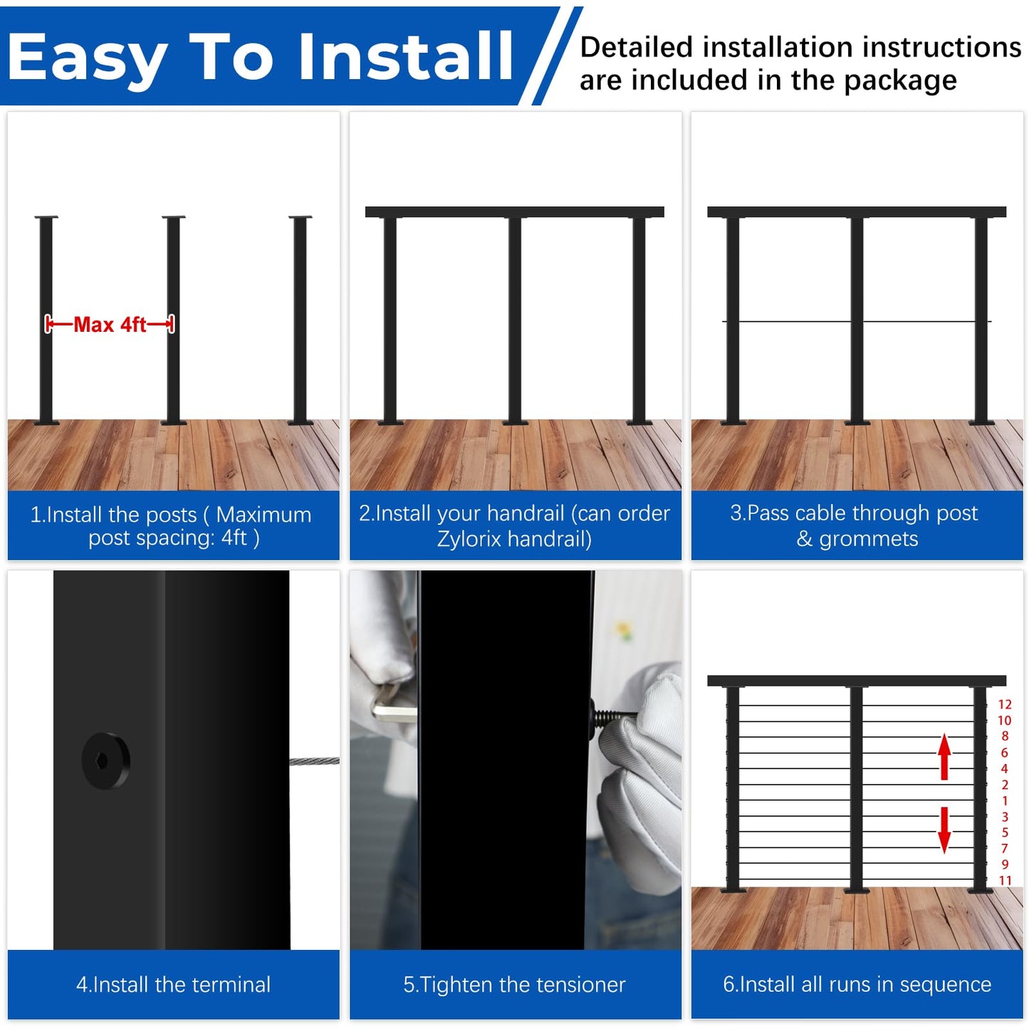 Zylorix 16ft-20ft Modular Cable Railing Post Kit 42" T304 Stainless Steel 5 Level Post Kit, Surface Mount Black Cable Railing System for Decks Length Adjustable Easy DIY, 259ft 1/8" Wire(No Handrail)