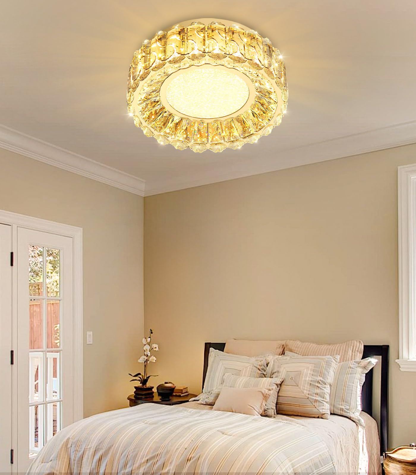 AFQEJG 12 Inch Dimmable Crystal Chandelier Modern LED Flush Mount Ceiling Light Fixtures for Bedroom Hallway Staircase Gold