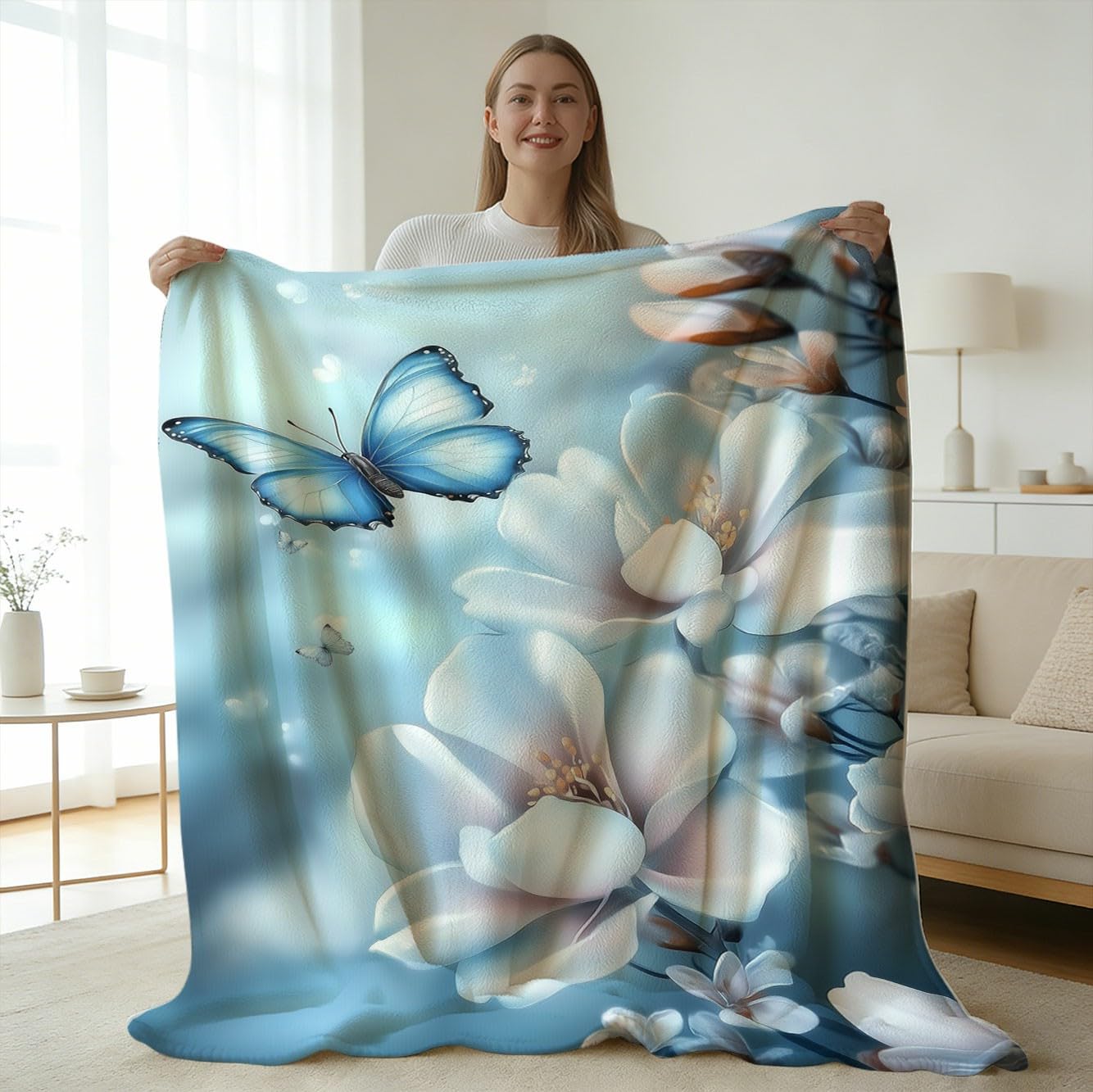 GXYAOYZG Floral Blanket Teal Blue Butterfly Print Flannel Throws Soft Cozy Warm Lightweight Bed Blanket Botanical for Couch Sofa Botanical Decor Gifts for Kids Adults (49" x 59")