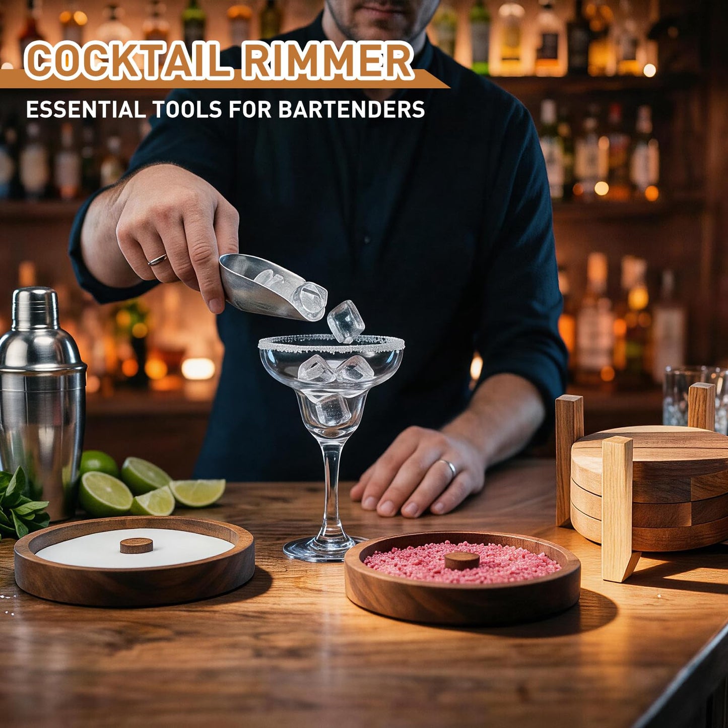 Margarita Salt Rimmer Set, 5-Tier Acacia Wood Salt Rimmer with 4 Sponges, Salt Rimmer for Cocktails, Cocktail Rimmer, Rimmers for Drinks, Glass Rimmer for Margarita Bloody Mary(Stackable Design)