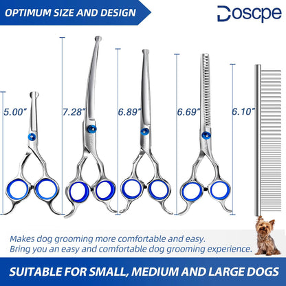 Doscpe 6 in 1 Professional Dog Grooming Scissors Set Pet Hair Cutting Shears Kit, Stainless Steel with Safe Rounded Tips for Dog Cat Other Animals, Right Left Handed
