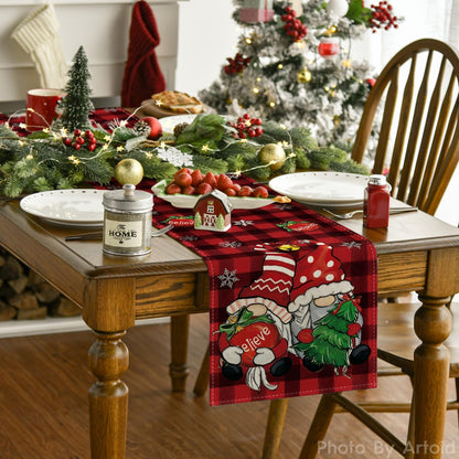 Artoid Mode Red and Black Buffalo Plaid Gnome Believe Snowflakes Christmas Table Runner, Seasonal Winter Holiday Kitchen Dining Table Decoration for Home Party Decor 13x72 Inch