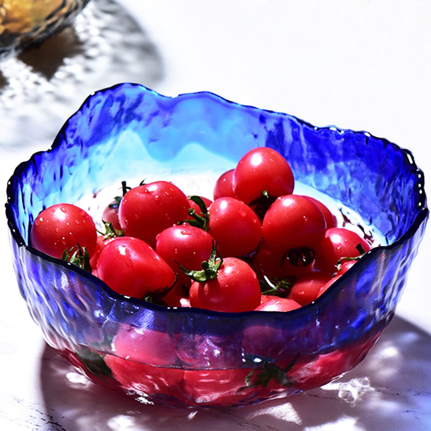Halyuhn 8 Inch Blue Clear Glass Salad Bowl, 50 OZ Irregular Mixing Bowl with 3 Inch Wall, Decorative Hammered Round Serving Bowl with Wavy Edge for Fruit, Candy Dish, Dining Party, L